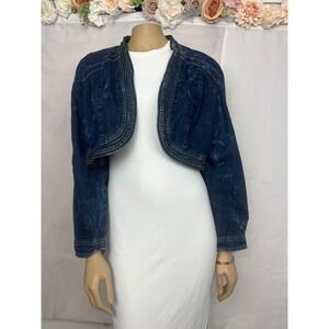 JW‎ Petite Dark Acid Wash Denim Cropped Bolero Jacket Zipper Trim Blue PXL